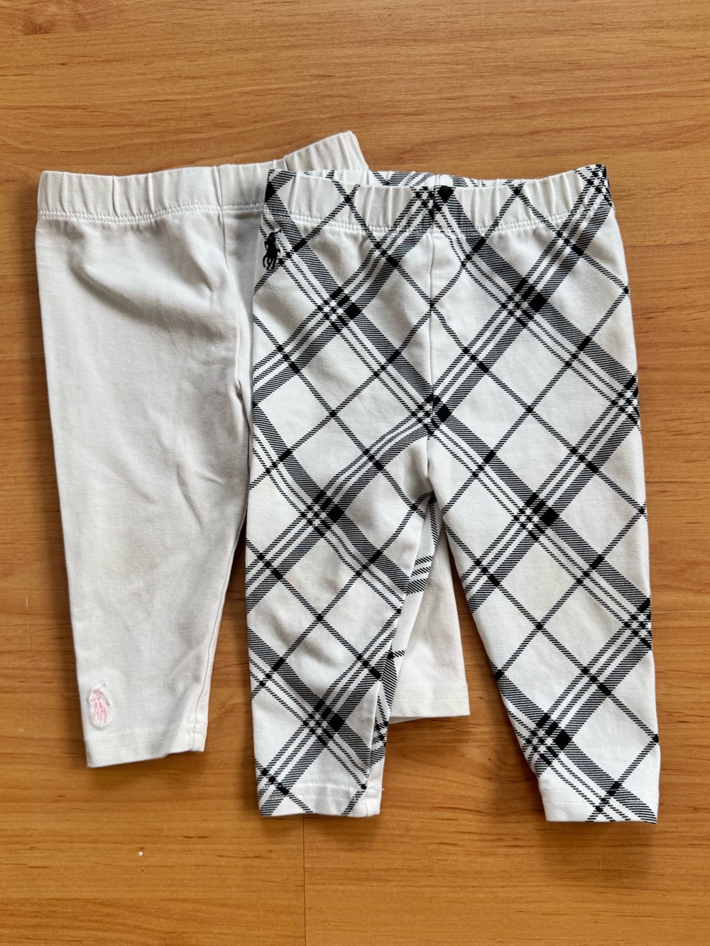 Ralph Lauren 2 Pair Baby Girl Cotton Leggings Ivory & Black Plaid, Pony Logo 9 M
